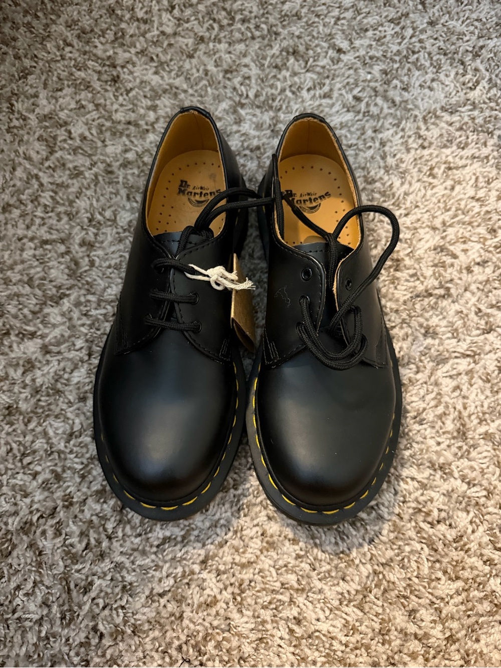Dr. Martens Black Leather Shoes with Yellow Stitching